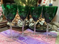 4 PCs MURANO Art Glass Emerald & Clear Ribbed Stem Work Fine Red Wine Glass T70