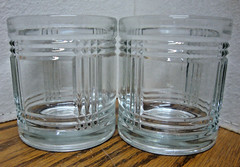 Vtg 2) Anchor Hocking MCM Etched Lines Heavy Clear Glass Low Ball Glasses E24