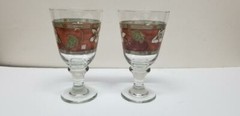 2 LIBBEY FLORAL FALL AUTUMN TEAL BROWN GLASS GOBLETS 7″