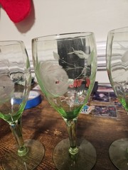 4 Vintage Uranium Depression Glass Floral Etched 7″ Goblets Glows!