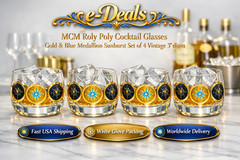 Mid Century Modern Gold Starburst Blue Rocks Glasses Set 4 Roly Poly Barware 2