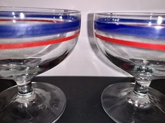 2 Red Blue Stripe Americana Footed Glass Sherbet Dessert Glasses MCM Vintage