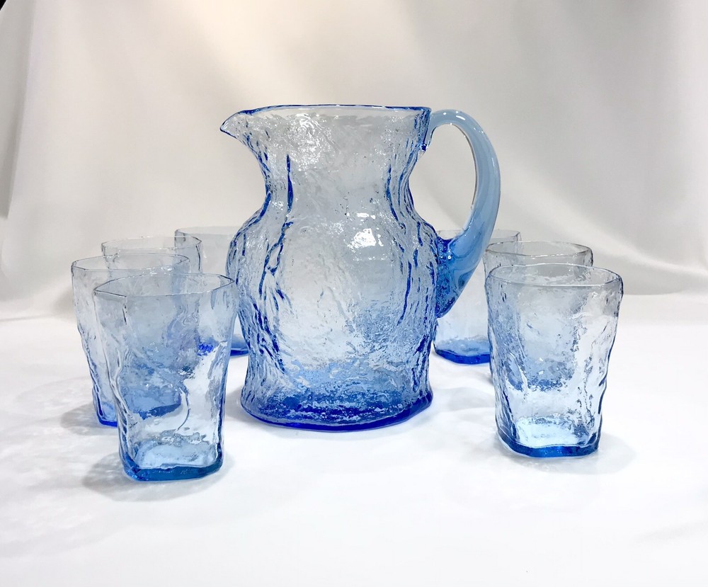 8 10 oz TUMBLER and 64 oz PITCHER Morgantown Gloria Blue Crinkle Glassware