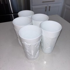 Vintage Indiana Glass Colony Harvest Paneled Grape Milk Glass Tumblers Set of 5