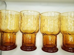 Vintage Libbey Amber Country Garden Daisy Flower Glasses/Goblets Set of 4