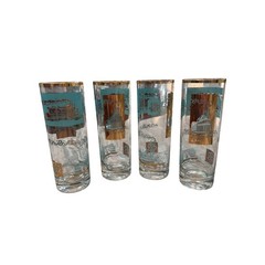 Vintage MCM Riverboat Highball Glasses Set of 4 Turquoise Gold Paddle Wheeler