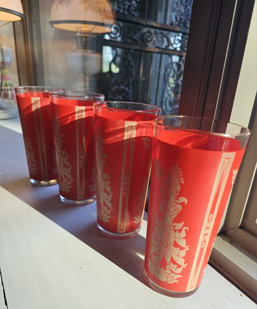 Culver Red & Gold Drinking Glasses Vintage 1960s Thai Goddess 6.5″ Tall Set of 4