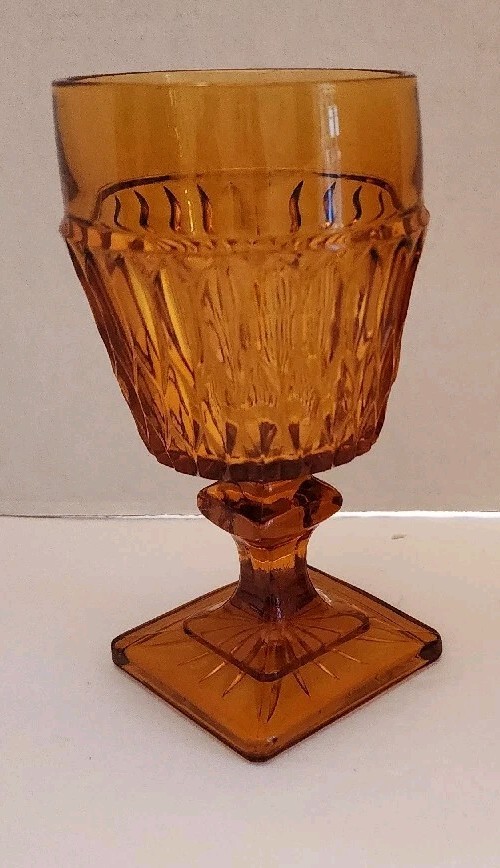 Vintage Indiana Glass Amber Mt. Vernon Footed Goblet Glass Square Base