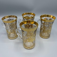 (4) 1980’s Italian Lavorato a Mano Barware Tea Handled Glasses 24K Gold Trim