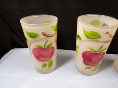 Set of 9 Clear Frosted Glass Tumblers w/ Apples Design Painted On Them 5 1/8″