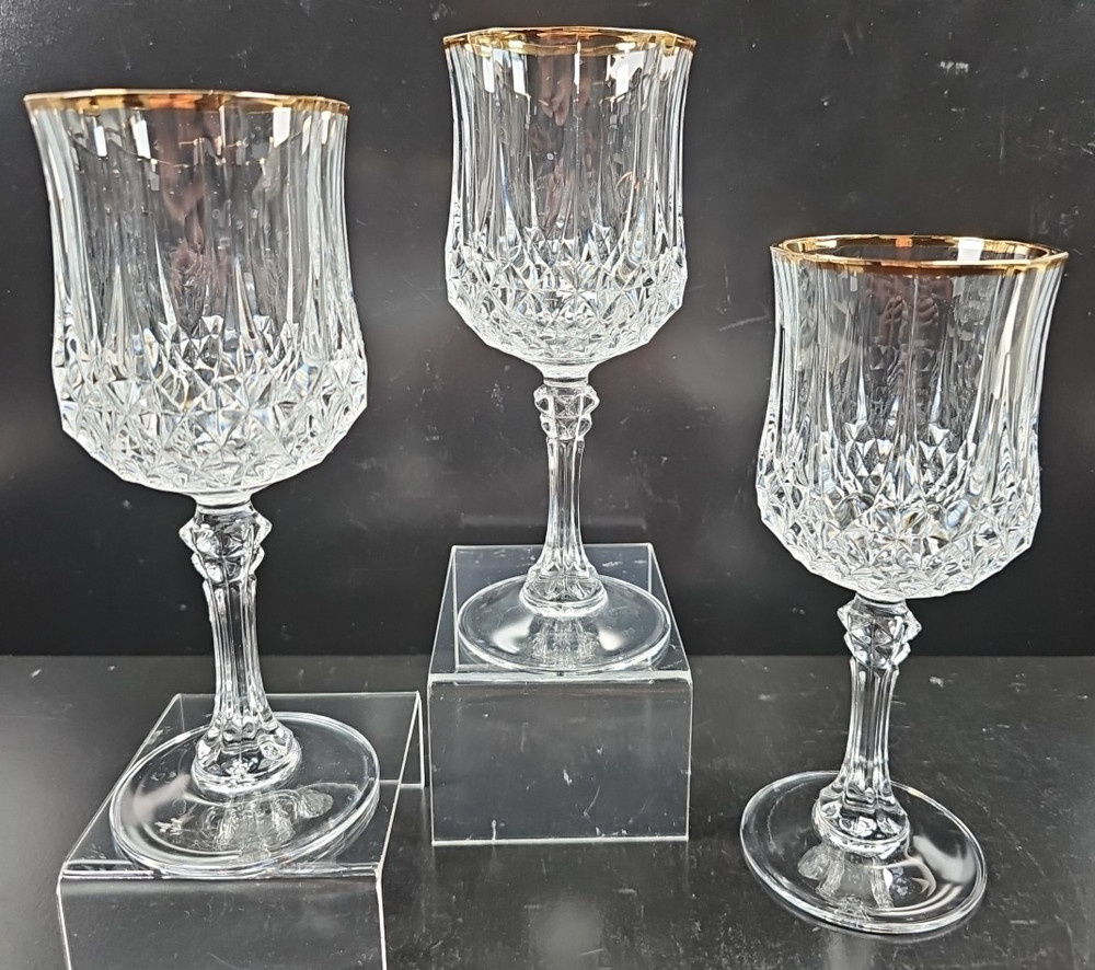 3 Cristal D’Arques Longchamp Gold Water Goblets Set Vintage Crystal Home Bar Lot