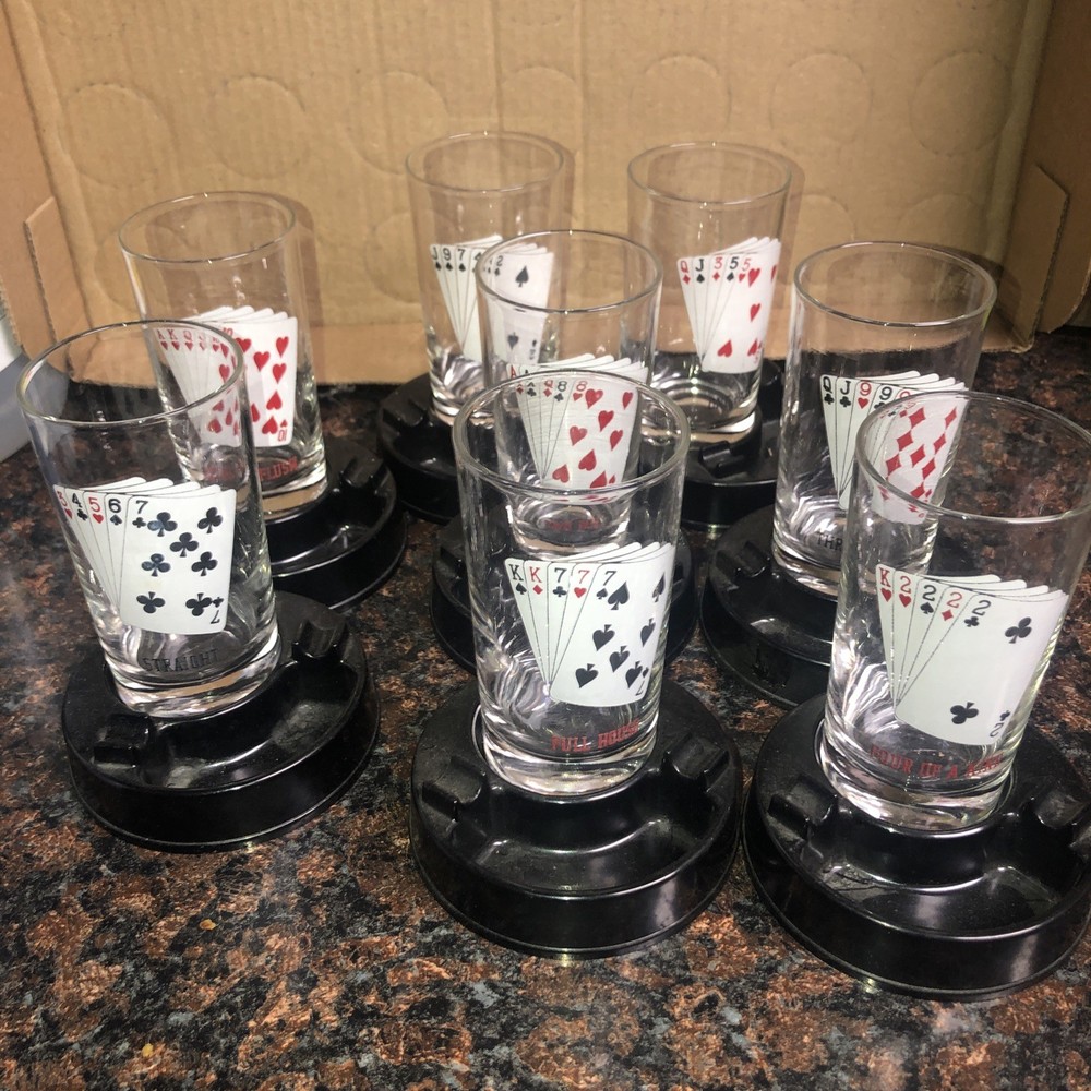 1950’s Poker Card Glass Cup w Bakelite Ashtray Coaster, Casino Style Set Of 8