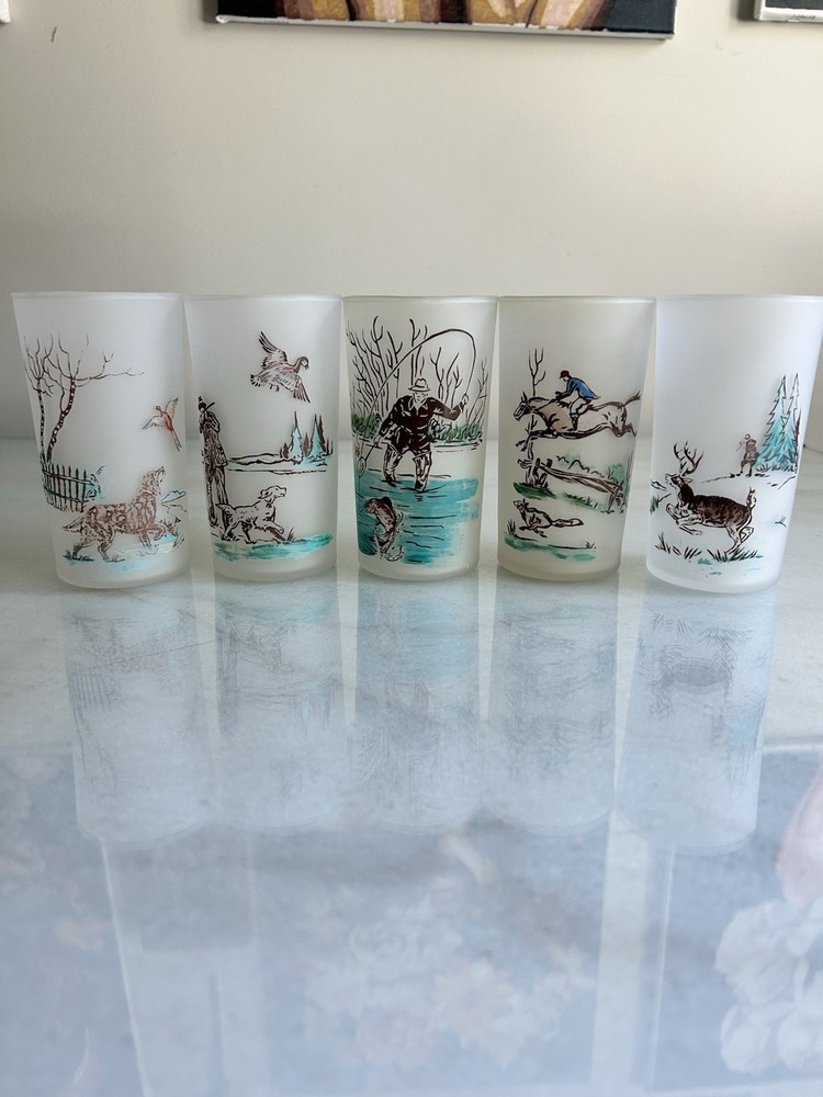 Vintage Libbey Frosted Hunting Fishing Sportsman Tumblers Glasses Set of 5 MCM