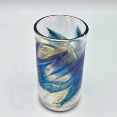 David Salazar Studio Art Glass Tumbler Iridescent Blue Pulled Feather 4″ Signed