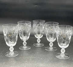 5 1950s Imperial Glass Ohio Meander Cut Water Tumblers Etched Leaves Berries