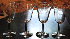Vtg Set 4 FOSTORIA ‘GARLAND’ Needle Etched Water Goblets/Glasses 8 oz 6.75″ 1915