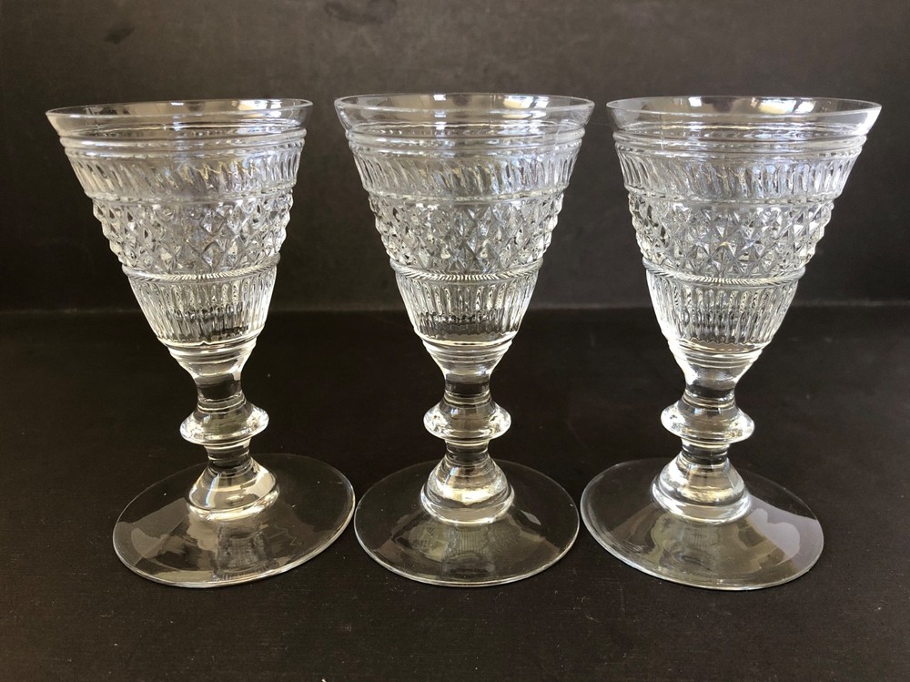 Set of 3 Antique Early American Flint Glass Wines c. 1825 – McKearin GII-18
