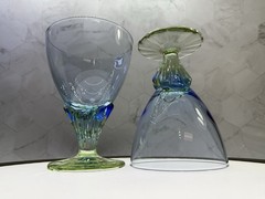 Set of (6) Gorgeous Bormioli Rocco Bahia blue and green footed goblets.