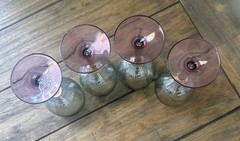 VTG Euroglass Italy 4 Hand Blown Wine Glasses Pink Stem Teal Bowl Iridescent