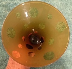 E & M Burke Martini Glass Frosted Art Glass Polka Dots Doodle Amber Brown