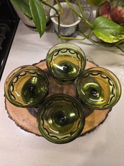 VTG Avocado Green Indiana Glass Kings Crown Thumbprint Dessert Goblet Set Of 4