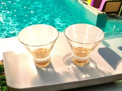 Two Vintage Mid Century Modern Gold Rim Cordial Glasses With Amber Bases