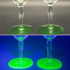 Fostoria Uranium Glass 2pc Etched Stem Wine Glasses c1930s Made in USA 7″t 8oz