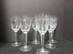6 Large Vintage Hand Blown Crystal Water Wine Goblets Wheel Cut Floral Design 9″