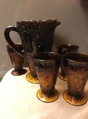 Tiara Exclusive Indiana Glass Burnt Honey Sweet Pear Avocado Tumblers Pitcher
