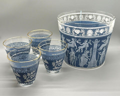 Vintage Jeannette Corinthian Blue Greek Glass Ice Bucket w/ 4 Lowball Glasses