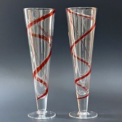 Set of 2 Pier 1 Imports RED SWIRL SWIRLINE Blown Pilsner Glasses 10 1/8″