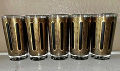 Vintage Colony High Ball Glasses w/ caddy signed MCM Black And Gold