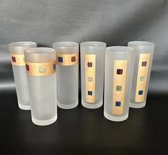 6 Vintage Retro, Mid-Century Gold Bar Frosted Tom Collins Highball glasses Rare