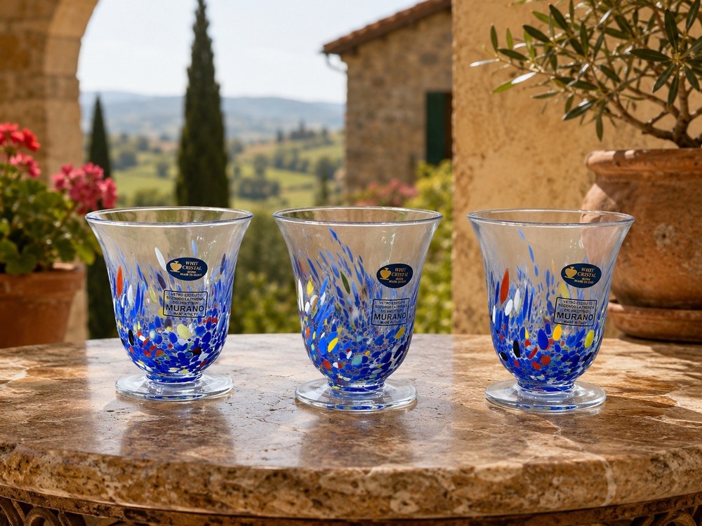 MURANO Glass Crystal Goblet Blue Confetti glass 10oz Italy New set of 3