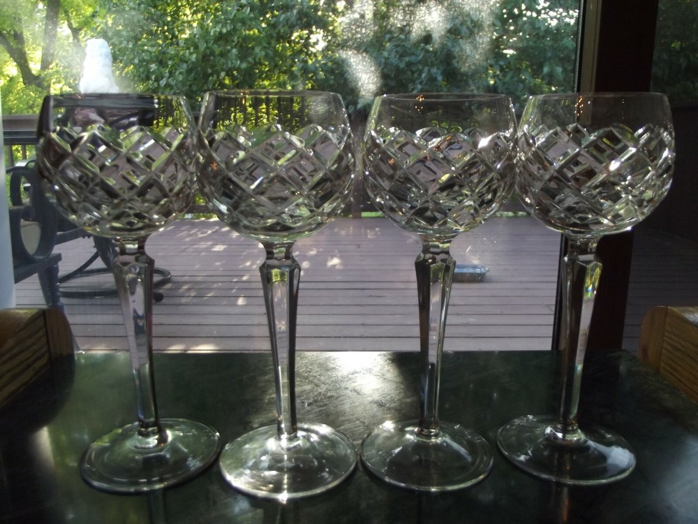 (4) Wine Hocks Glasses 7-1/2″ cut criss cross diamond crystal panel facet stem