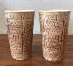 Set of 2 Vintage Watt Brown Wood Grain Pottery Texas Tall Tea Glass Tumblers
