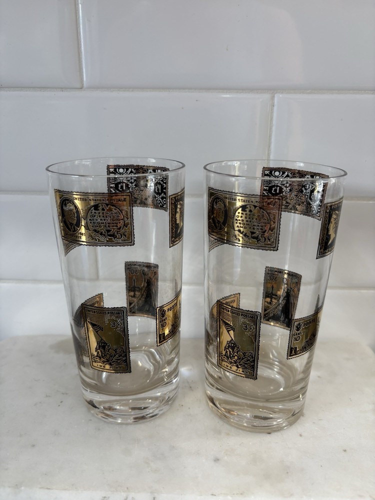 Vintage Mid-Century Black & Gold Coin Drinking Glasses set of 2