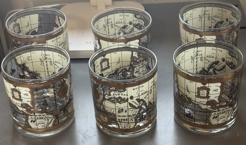 VTG 60s Cera World Map Lowball Glasses Set Of 6 Old Fashioned 3.5″ Rocks Barware