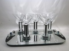 Vtg George Ponzini Art Glass Tray & 5 Martini Glasses Post Modern Memphis