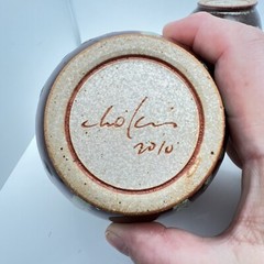 Studio Art Pottery Glasses Signed Cholin 2010 Ceramic Drip Glaze Bar Set Of 4