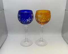 Pair of Bayel Crystal VINEYARD GRAPE Amber & Cobalt Hock Wine Glasses 7 3/4″