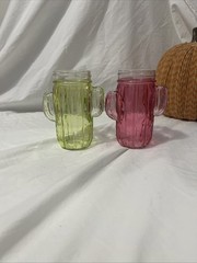 Glasses Mason Style Jars Retro Set 2 Cactus Shaped Green and Pink Glass no lids
