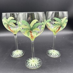 Palm Breeze Hand Painted 8.5″ Goblets Wine Stemware Glasses, set of 3, vintage
