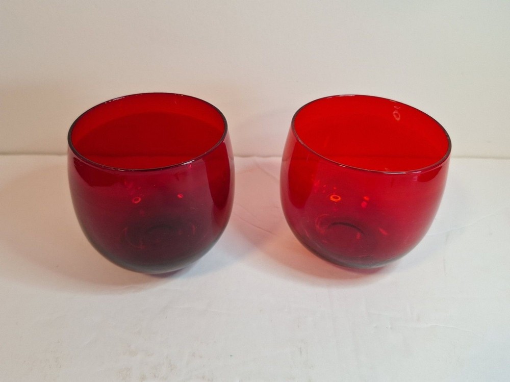 MCM Roly Poly Style Ruby Red Cocktail Wine Glass Tea Light Holder Set Of 2 Nice