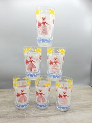 Vintage Hazel Atlas Southern Belle Set of 6 Colorful 5″ Tall Water Glasses MCM