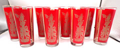 8 Vtg 1960’s Culvers Red & Gold Siam Thai Goddess Highball Glasses 6 1/2″ Tall