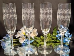 4 Vintage Diamond & Atomic Star Cut Mid-Century Champagne Flutes Glasses Set