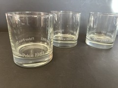 VTG Fisher-Price Toy Co Clear Etched Glass Drink Glasses 4 Pc Whiskey Glass 1987