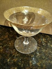ANTIQUE FLORAL LACE GOLD RIMMED WAVY FOOTED SHERBET/DESSERT/CORDIAL GLASS~VEUC