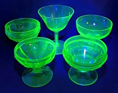 Vintage Misc 5 Green Depression Uranium Glass Stem Ware Glasses *Minor Fleabites